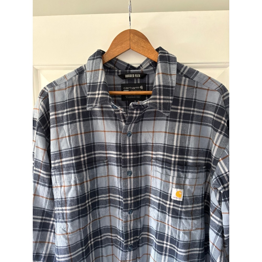 Carhartt Flannel Shirt Mens 2XL Blue Plaid Rugged Flex Relaxed Fit Work